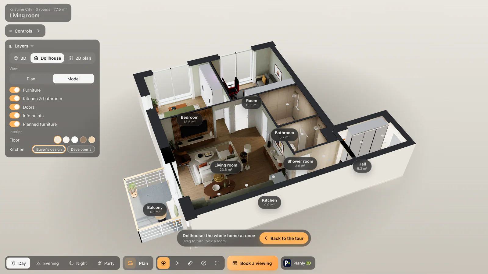 The dollhouse view in a tour: the whole flat from outside and above, roof lifted off, room names on the floors