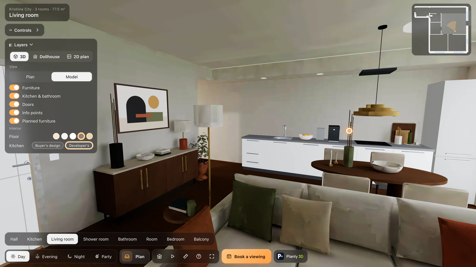 The Layers menu in a tour: dark parquet and the developer’s kitchen picked