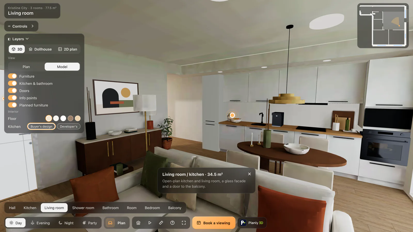 An info card in a tour: living room and kitchen, 34.5 m²