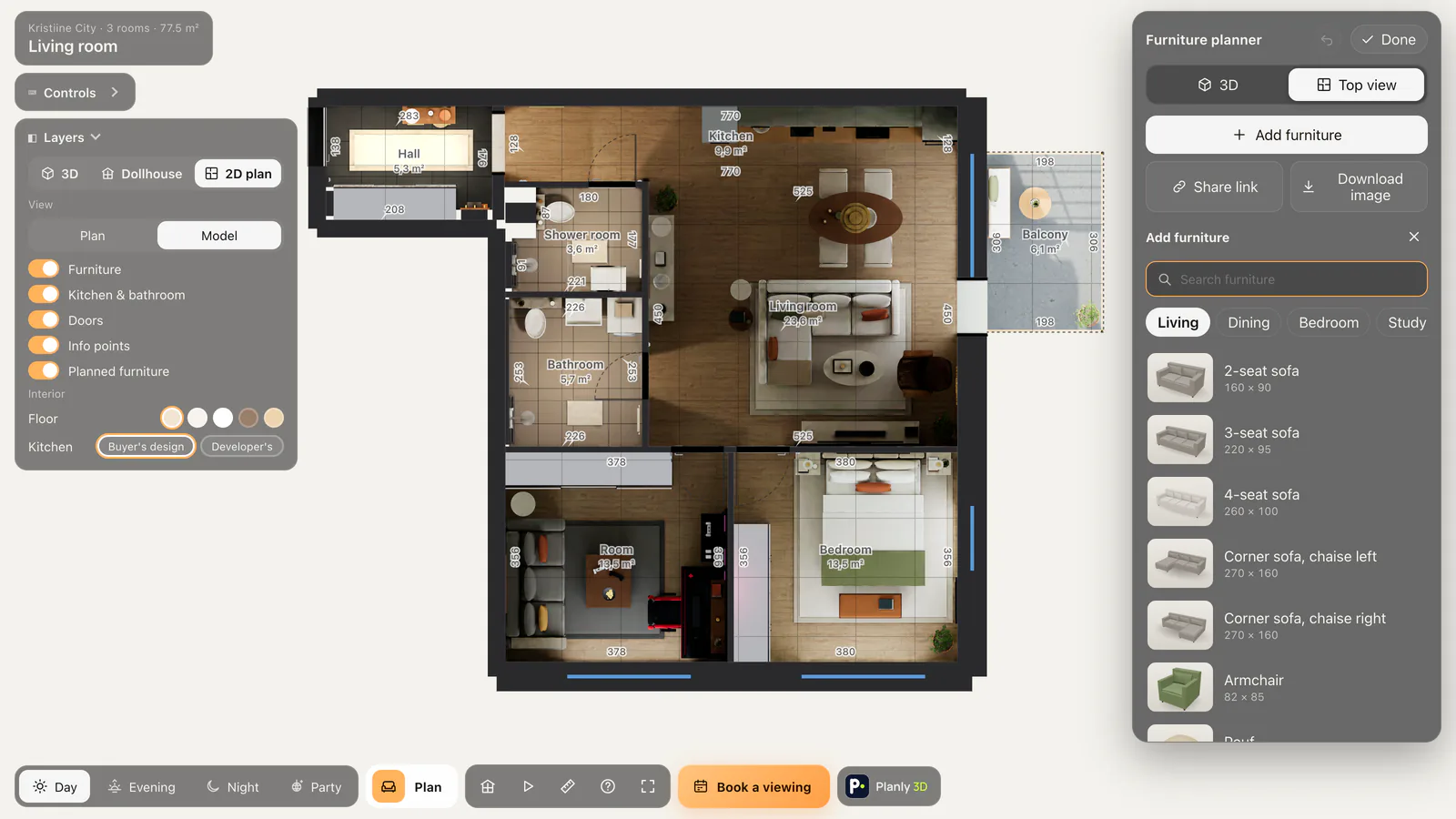 The furniture planner in a tour: the flat’s plan from above and the open catalogue