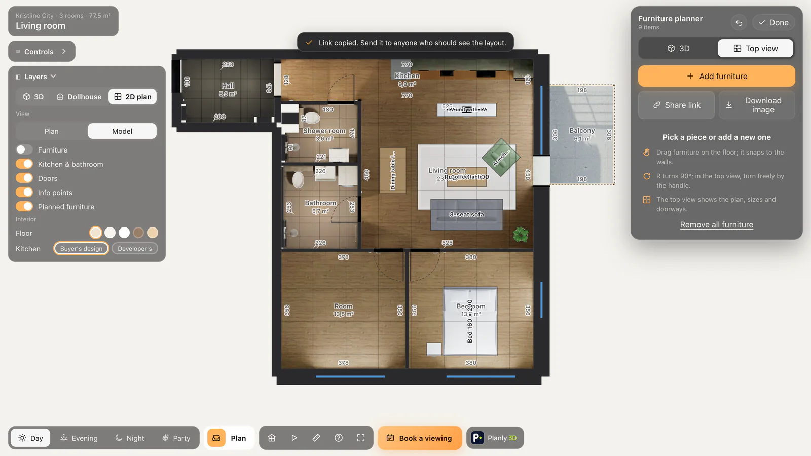A buyer’s own furniture layout in the plan view and the note “Link copied”